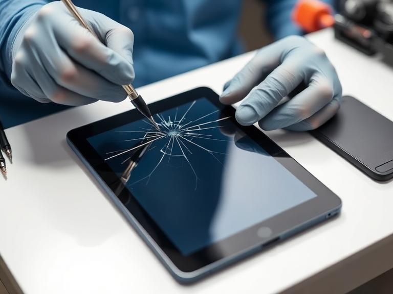 Cracked tablet screen being repaired