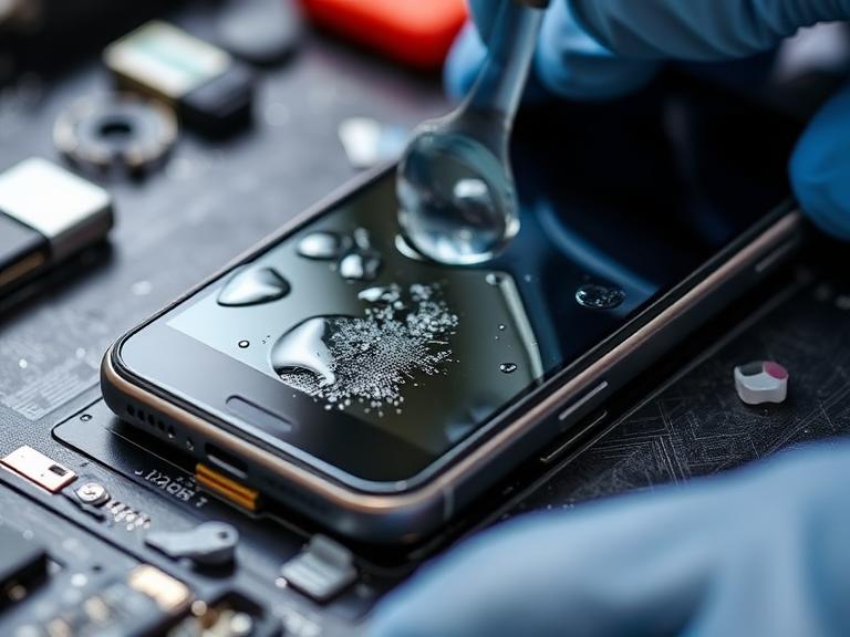 Water-damaged phone being cleaned